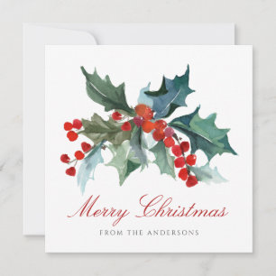 Holly and Berries with Family Name Christmas Holiday Card