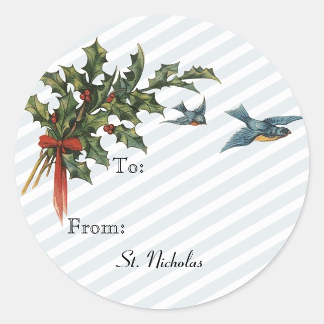 Holly and Birds Holiday Gift Label Stickers (Front)