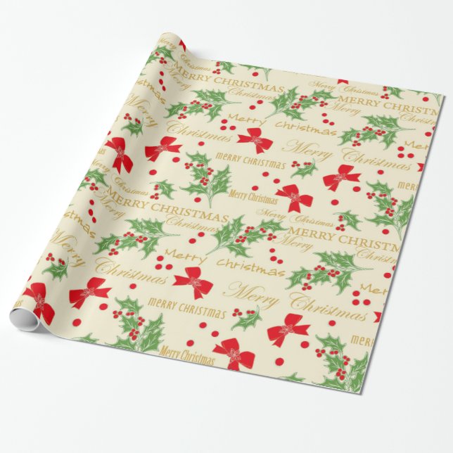 Holly and Bows Christmas Wrapping Paper (Unrolled)