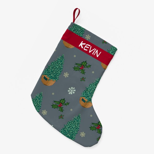 Holly and Christmas tree. Custom with the name. Small Christmas Stocking (Front (Hanging))