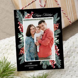 Holly and Evergreen Black Happy Holidays Photo Holiday Postcard