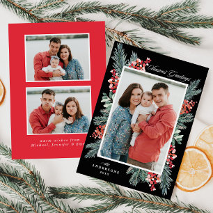 Holly and Evergreen Black Season's Greetings Photo Holiday Card