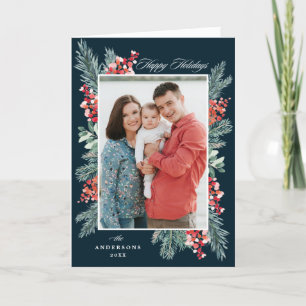 Holly and Evergreen Happy Holidays 2 Photo Holiday Card