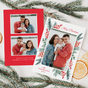 Holly and Evergreen Merry Christmas 3 Photo Holiday Card
