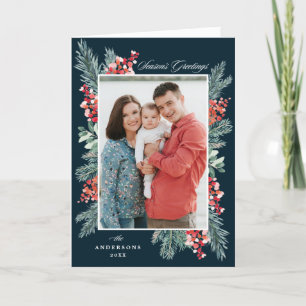 Holly and Evergreen Season's Greetings 2 Photo Holiday Card