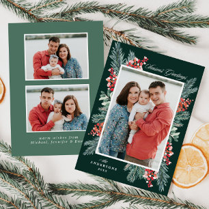 Holly and Evergreen Season's Greetings 3 Photo Holiday Card