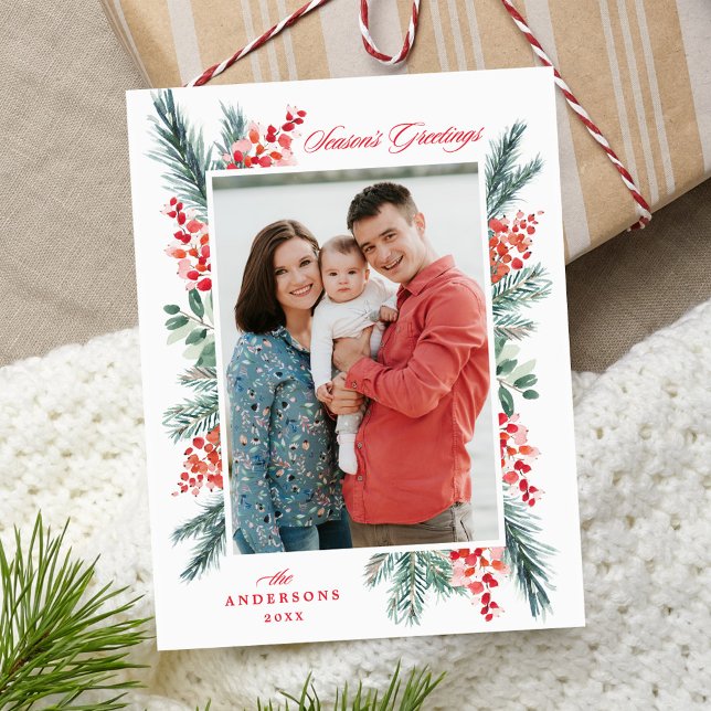 Holly and Evergreen Season's Greetings Photo Holiday Postcard (Creator Uploaded)