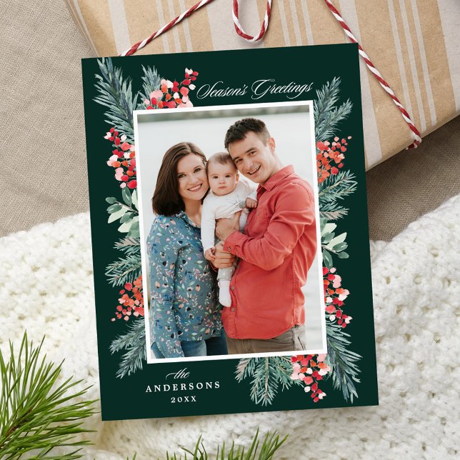 Holly and Evergreen Season's Greetings Photo Holiday Postcard (Creator Uploaded)