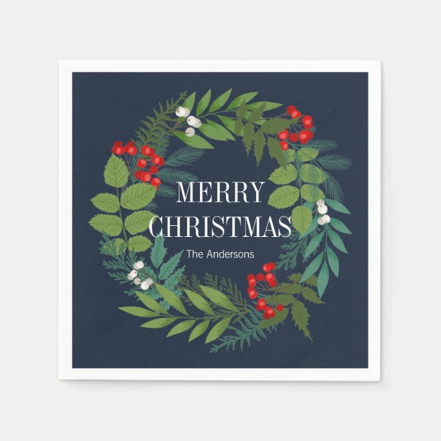 Holly And Greenery Merry Christmas Holiday Napkin (Front)
