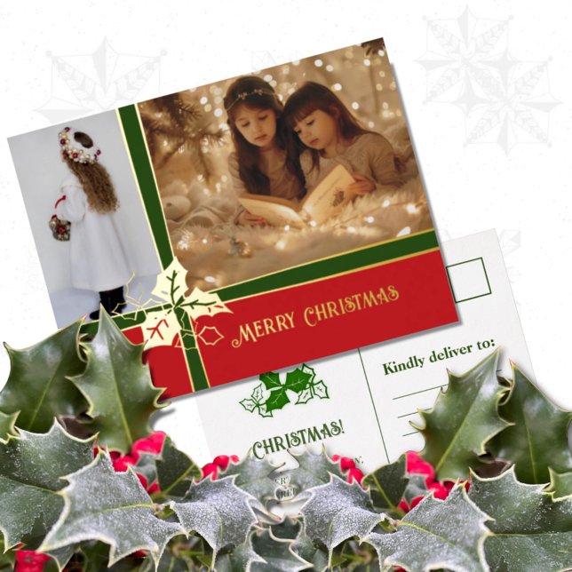 Holly and Ivy Green & Burgundy Foil Post Card (Creator Uploaded)