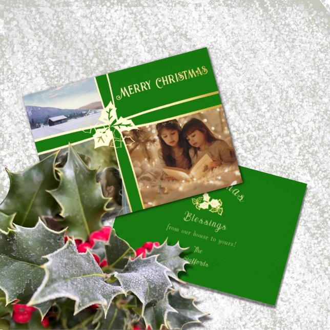 Holly and Ivy Green Ribbon Foil Holiday Card (Creator Uploaded)