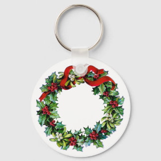 Holly and Mistletoe Christmas Wreath w/red Ribbon Key Ring