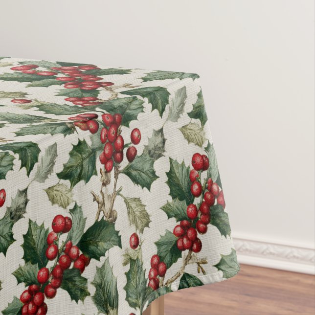 Holly And Mistletoe On Faux Off-White Linen Tablecloth (In Situ)