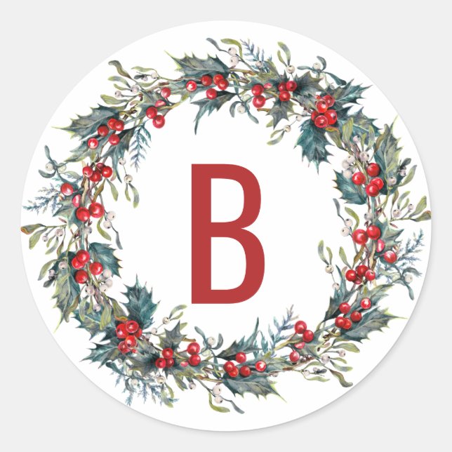 Holly and Mistletoe Wreath Monogram Stickers (Front)