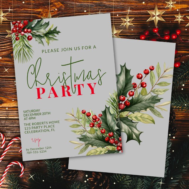 Holly and Pine Grey Festive Christmas Party Invitation (Creator Uploaded)
