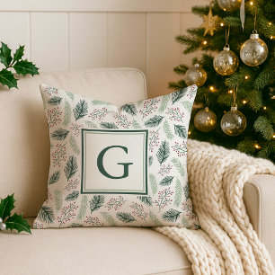 Holly and Pine Monogram Holiday Cushion