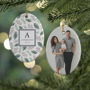 Holly and Pine Monogram & Photo Double Sided Ceramic Tree Decoration