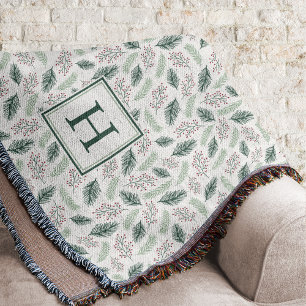 Holly and Pine Monogrammed Holiday Throw Blanket