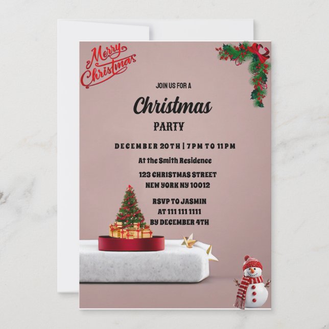 Holly and Pine on Beige Christmas Party  Invitation (Front)