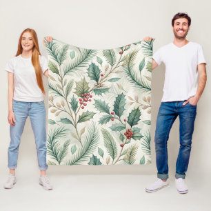 Holly and Pine Pattern - Christmas Botanical Fleece Blanket