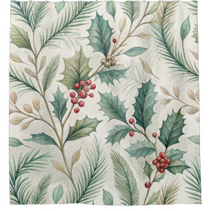Holly and Pine Pattern - Christmas Botanical Shower Curtain