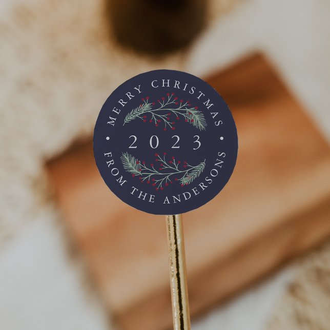Holly and Pine | Personalised Merry Christmas Classic Round Sticker (Creator Uploaded)