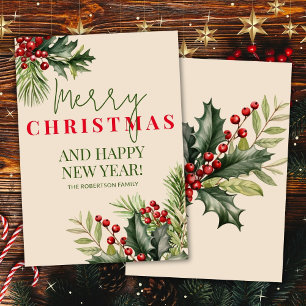 Holly and Pine Red Berries Beige Christmas Card