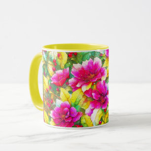 Holly and Pink Flowers Art Holiday Mug Cup