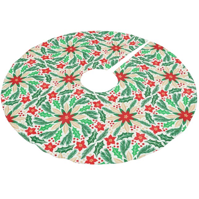 Holly and Poinsettia Botanical Holiday Pattern  Brushed Polyester Tree Skirt (Angled)