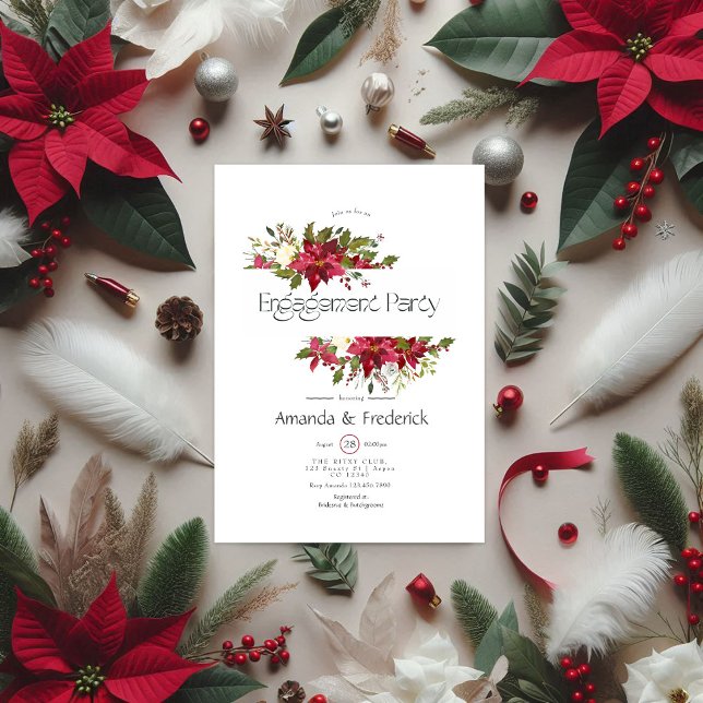 Holly and Poinsettia Christmas Engagement Party Invitation (Watercolor Floral Christmas Engagement Party Invitation)