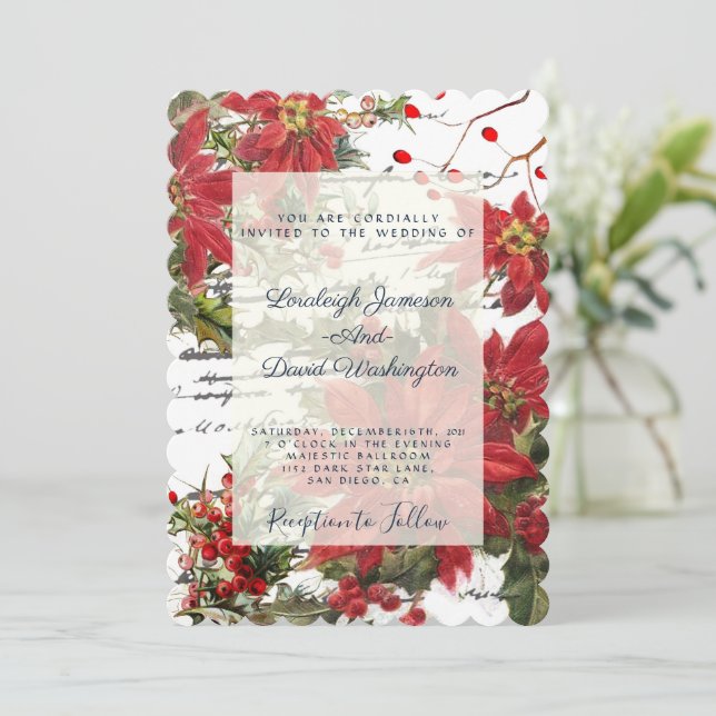 Holly and poinsettias wedding invitation (Standing Front)