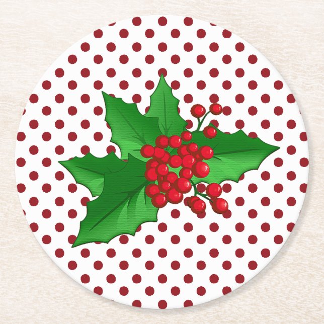 Holly and Polka Dots Holiday Paper Coasters (Front)