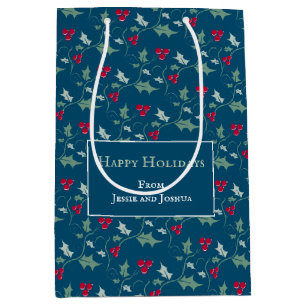 Holly and red berries foliage pattern custom medium gift bag