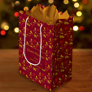 Holly and red berries foliage pattern custom red medium gift bag