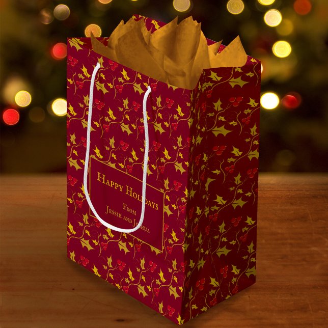 Holly and red berries foliage pattern custom red medium gift bag (Creator Uploaded)