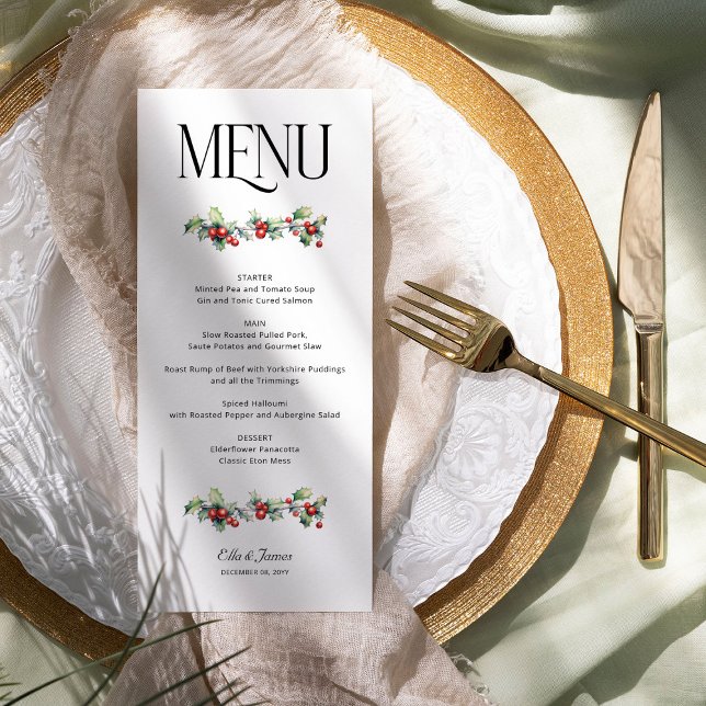 Holly and Red Berries Winter Wedding Menu (Wedding Menu from the Holly Bells Wedding Collection by Darling and May)