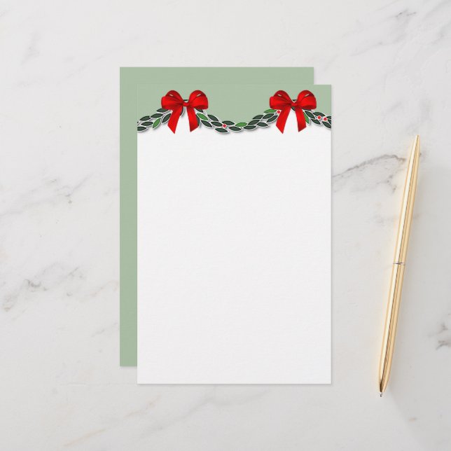 Holly and Red Bow Christmas Stationery (Front/Back In Situ)
