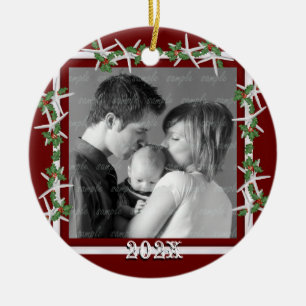 Holly and Starfish Red Family Photo Frame Ceramic Tree Decoration