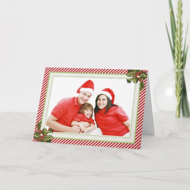 Holly and Stripes Folding Christmas Card (Front)