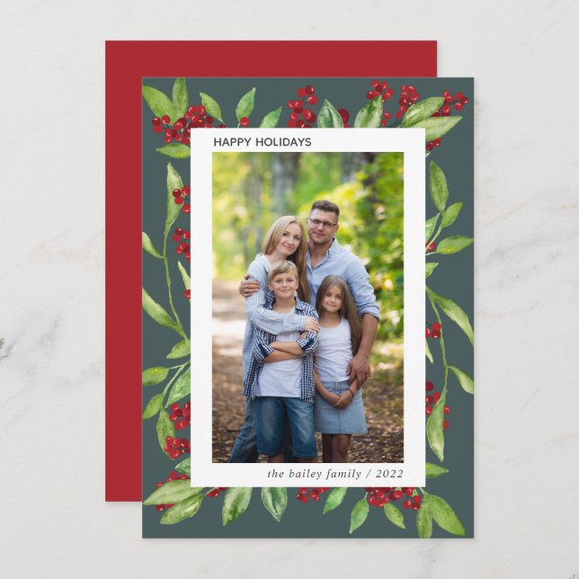 Holly and Watercolor Greenery Photo Holiday Card (Front/Back)
