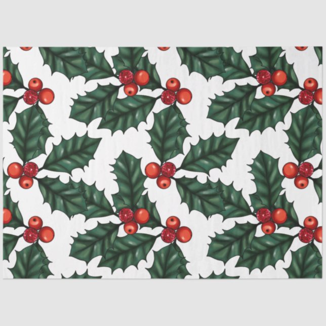 Holly and Winter Berries Greenery Christmas Tissue Paper (Front)