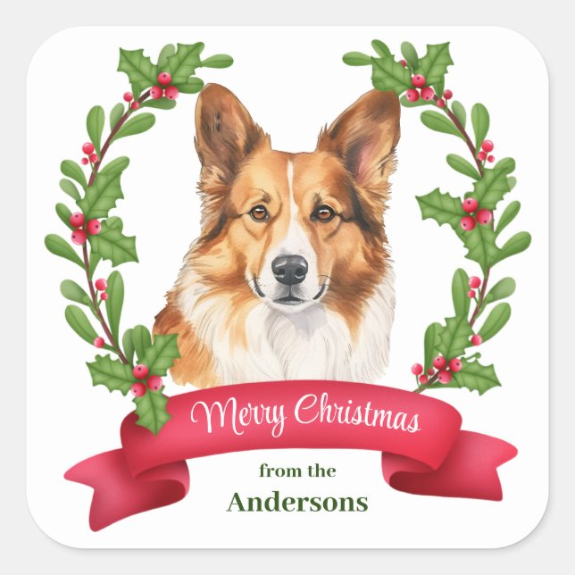 Holly Banner Corgi Dog Portrait Christmas Square Sticker (Front)
