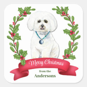 Holly Banner White Maltese Christmas Square Sticker