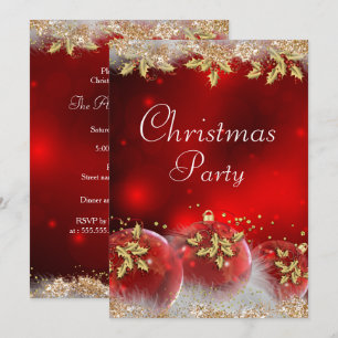 Holly Baubles Red Gold Christmas Party Invite