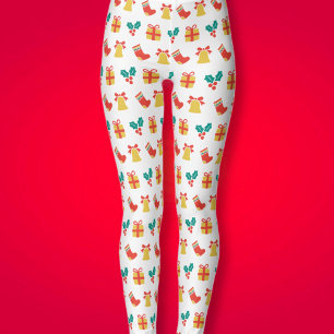 Holly Bell Stocking Red White Green Gold Christmas Leggings