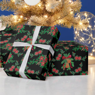 Holly & Bells on Black Christmas Wrapping Paper