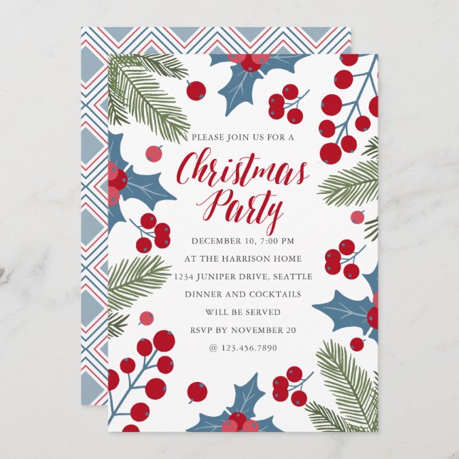 Holly Berries and Ferns Christmas Party Invitation (Front/Back)