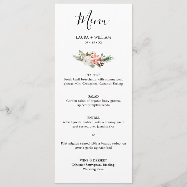 Holly Berries and Floral Christmas Wedding Dinner Menu (Front)