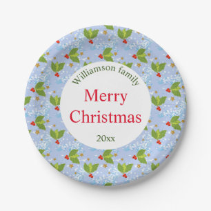 Holly berries and leaves pattern Merry Christmas Paper Plate
