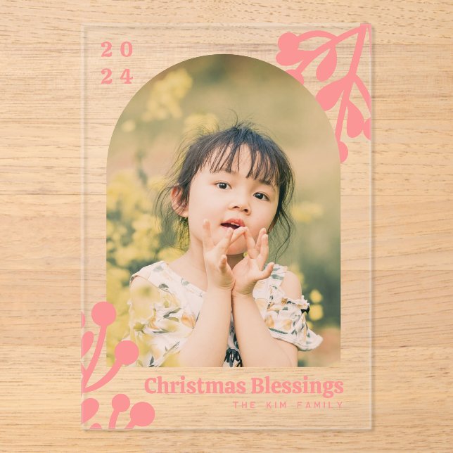 Holly Berries Arch Photo Pink Christmas Acrylic Invitations (Front)